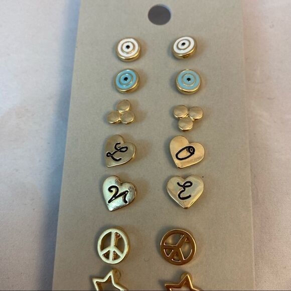 BP. Earrings Set 9 Pair Love Heart Stars Moon Peace Gold Studs Casual Trendy - Picture 2 of 6